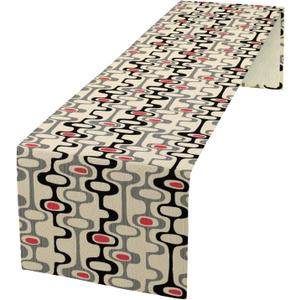 Mid Century Table Runner, Retro Design of Organic Oval Shapes and Stripes Print Table Runner for Kitchen Dining Room Wedding Party Decor, Black Red 13x60 Inch (W13"x L60")