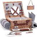 Picnic Basket with Blanket and Wine Pouch for 2 Wicker Picnic Set with Insulated Liner Cooler Bag Hamper for Camping,Wedding - Stripes