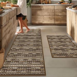 Kitchen Rugs Sets of 2-Non Slip Kitchen Mats for Floor-Thick Stain Resistant Vintage Kitchen Floor Mat Runner Carpet for Hallways Entryway Laundry Room Washable Brown 22"x59"+20"x32"