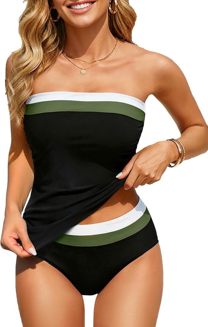 Daci Bandeau Tankini Swimsuits for Women - Two Piece Ruched Tummy Control Bathing Suit Strapless Swimwear with Bottom (Medium, Black Color Block)