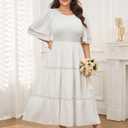 SCOMCHIC Women's Plus Size Maxi Dress Casual Crewneck Smocked Boho Elegant Hollow Out Summer Wedding Guest Dresses White (XL)
