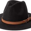 Lisianthus Men & Women Vintage Wide Brim Fedora Hat with Belt Buckle (Medium, Black)