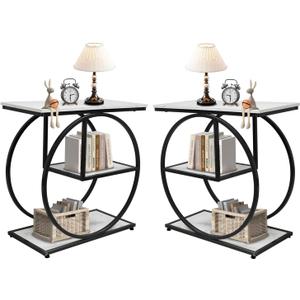 AT-VALY Pair of 2 Side Table with Storage Shelves,3-Tier End Table, Small Sofa Side Table for Living Room, Bedroom (Black)