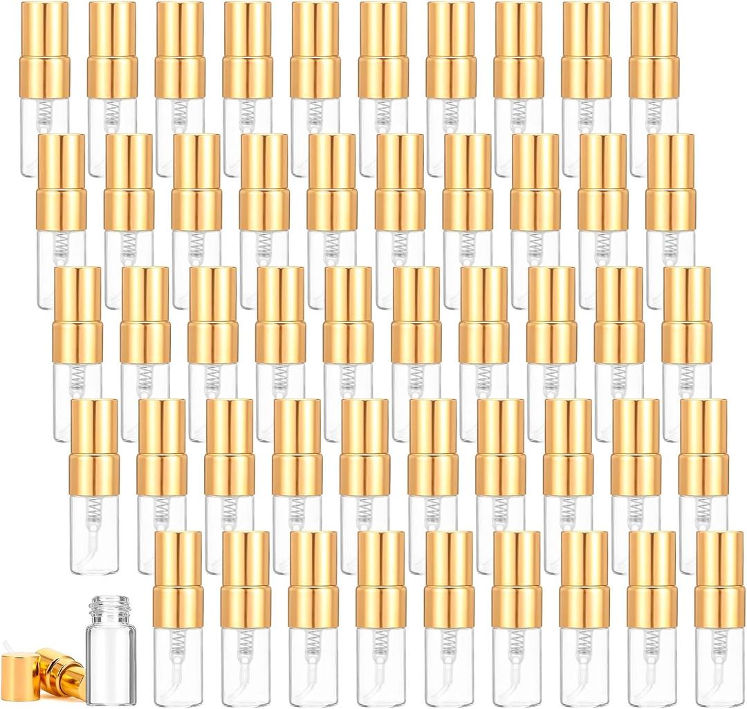 50 Pcs Mini Spray Bottles, 2 ml Clear Glass Perfume Bottles, Refillable Fine Mist Perfume Atomizer, Portable Empty Sample Containers for Cleaning, Essential Oils, Travel (Gold Cap)