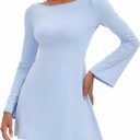 Topcloset Women's Tennis Dress Open Back Long Sleeve Dress Flare Mini Dresses Party Club Dress, Blue, Small