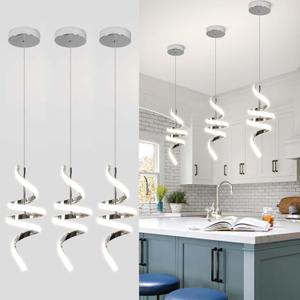 Modern Spiral LED Pendant Lights Kitchen Island, 22W Adjustable Height Hanging Light Fixture 5500K Chrome Chandelier for Dining Room Cafe Table, 3 Pack