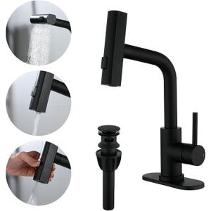 TRIPHIL Waterfall Bathroom Faucets with 3 Mode Pull Down Sprayer,Single Handle Modern Bath Sink Faucet with Pop Up Drain and Deck Plate,Matte Black 1 Hole RV, Bar,Restroom,Lavatory,Vanity Tap