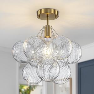Semi Flush Mount Chandelier Gold-Special Bubble Flush Mount Ceiling Light 14.17" Modern Mid Century Ceiling Light Fixtures With 9 Clear Swirled Glass Ball for Bedroom Foyer kitchen, Include E26 Blub, 14.96 in L