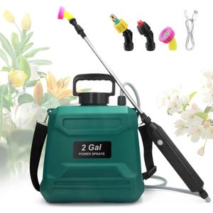 Battery Powered Sprayer 2 Gallon, Powerful Electric Garden Sprayer with 3 Mist Nozzles, USB Rechargeable Handle, Retractable Wand and Adjustable Shoulder Strap for Irrigation, Weeding(Green)