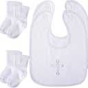 Jiuguva 4 Pcs Baptism Gifts for Boys Girls, Christening Bibs and Socks Set White Embroidered Cross Baptism Outfit for Baby (6-12month)