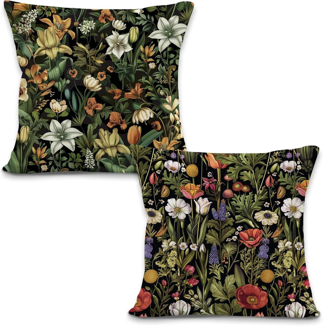 Vintage Floral Throw Pillow Covers, Dark Cottagecore Wildflower Botanical Decorative Pillowcases Cushion Cases for Home Living Room Bedroom Decor, 18x18 Pillow Covers Set of 2