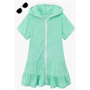 LUCKYGAL Girls Swim Cover Up Kids Swimsuit Coverup Terry Zip-Up Beach Bathing Suit Wraps with Sunglasses 10-11Y