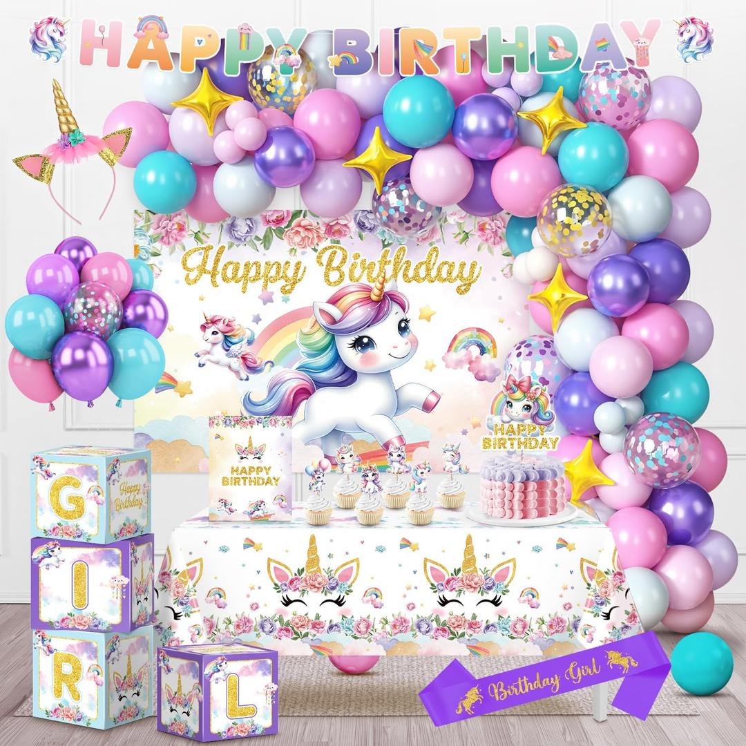 Unicorn Birthday Decorations, Unicorn Rainbow Balloon Arch Decorations Kit with Happy Birthday Banner, Dreamy Cake Topper, Tablecloth and Headband for Girl Party Supplies