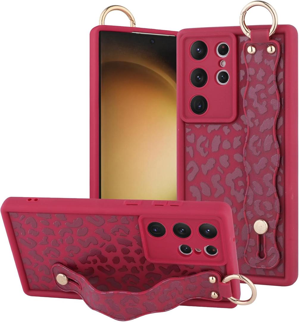 OOK Compatible with Samsung Galaxy S23 Ultra Leopard Case with Wrist Strap, Wine Red Leopard TPU Shockproof Protection Slim Cover with Camera Protection for Women Girls, for 6.8inch