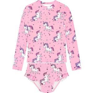 Girls Rash Guard Sets, 2 Piece Long Sleeve Kids Bathing Suits Size 3M-14Y | UPF 50+ Sun Protection, Quick-Dry Fabric, Tagless Label, Fine 40-Gauge Knit, Soft Lining, Fade-resistant, High Elasticity