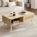 Wood Coffee Table with Storage, Boho Dining Table with Sliding Rattan Door Panel and Solid Wood Legs, Small Coffee Tables for Living Room, Oak (Oak_LSJ008)