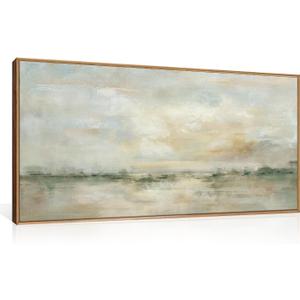 LHIUEM Large Abstract Green Gray Pastel Framed Canvas Wall Art,Neutral Landscape Wall Decor,Modern Watercolor Lake Artwork,Beige Textured Illustrations Art for Living Room,Bedroom,Office- 20"x40"x1