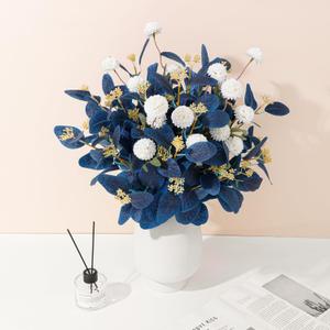 Dallisten Fake Flowers for Vase, 16 pcs Faux Silk Pompom Mum Artificial Flowers with Eucalyptus Stems, Mini Floral Long Stem Arrangements for Home Decor, Wedding, Table Centerpieces DIY Floral Designs (Navy Blue+white)