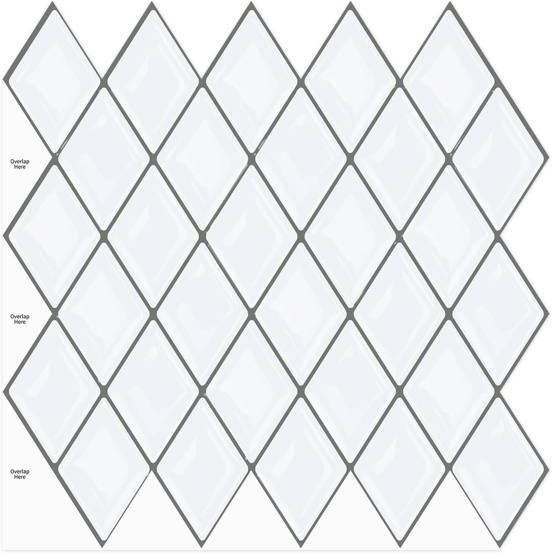 10-Sheet Peel and Stick Backsplash Tile for Kitchen Bathroom, Ist Momoreo Diamond Shape Backsplash Adhesive Tile 12"x12" - White, Grey Grout