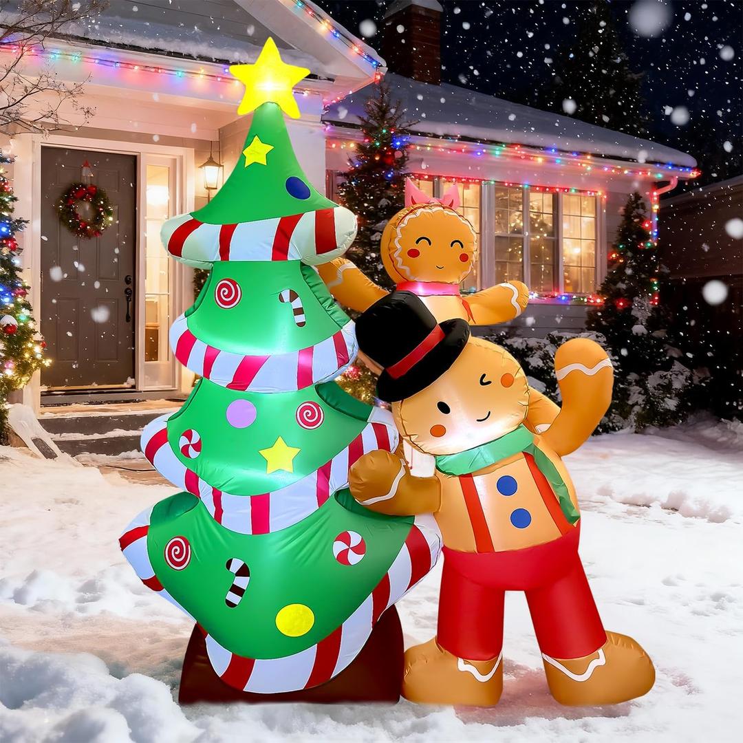 GVDV 8FT Inflatable Christmas Tree with Gingerbread Man Clearance, Giant Outdoor Christmas Inflatables Decoration with Bright LED Lights, Fast Blow Up Christmas Lawn Inflatables with Stakes & Sandbags
