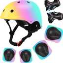 Color Gradient Adjustable Kids Bike Helmet with Knee & Elbow Pads Set | Multi-Sport Safety Gear for Boys & Girls Ages 8-14 | Skateboarding, Scooters, Roller & Inline Skating, Longboarding, Size Medium