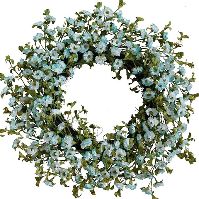 22 Inch Artificial Floral Wreath for Front Door, Rustic Style Multiple Colors Wild Chrysanthemums All Seasons Wreath for Home Wedding Festival Farmhouse Indoor Outdoor Decor(Fluorescent Blue)