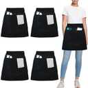 4 Pack Short Server Waitress Chef Apron, Black Waist Aprons with 3 Pockets for Women Men, Half Apron for Waiter Cooking Dishwashing Cleaning Painting Gardening Barbecue (Polycotton - Black)