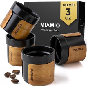 MIAMIO  Espresso Cups Set of 4 (3.5 oz) Japanese Tea Cups Ceramic/Handleless Mug with removable Wooden Cuff/Coffee Cups without Handle (Black)