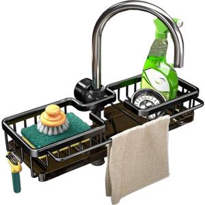 Sink Organizer Rack for Kitchen and Bathroom,Stainless Steel Detachable Hanging Faucet Drain Rack with Drip Tray Faucet Sponge Holder for Bathroom (Black, L&R as One)