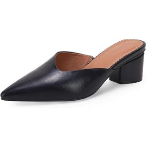 Coutgo Womens Pointed Toe V Cut Mules Chunky Block Heels Slip On Clogs Fashion Office Slides Shoes (9.5, Black)