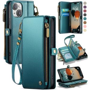 Defencase Compatible with iPhone 14 Case Wallet with RFID Blocking Card Holder for Women Men, Fashion PU Leather Magnetic Snap Flip Zipper Strap Wallet Phone Case Fit for iPhone 14 6.1", Blue Green