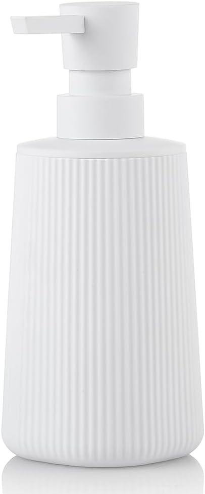 Small Soap Dispenser for Bathroom and Kitchen, Modern Farmhouse Striped Style Plastic Hand Soap Dish Soap Dispenser with Pump Matte White