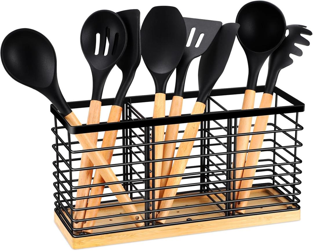 TACGEA Utensil holder for Kitchen Counter, Kitchen Cooking Utensil Holder Organizer with Wooden Base Matte Black (3 Compartments)