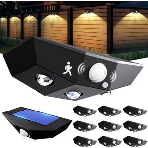 12 Pack Solar Fence Lights, Motion Sensor Outdoor Light with 3 Sided Lighting, 60 Lumens Fence Light Solar Powered, Solar Lights Outdoor Waterproof with 3000K/7000K Mode for Patio, Backyard, Fence (Black)