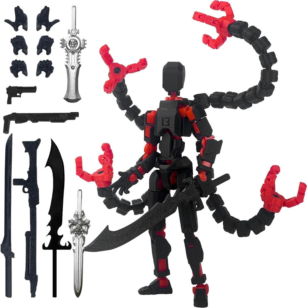 Already Assembled T13 Action Figure Accessories,T13 Multi-Jointed Movable,for Collectors Desktop Decorations t-13 Movability 3D Printed Toys (Black Red, 5.5inch)