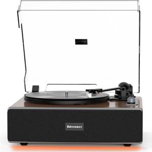 Udreamer Vinyl Record Player with Bluetooth Input, All-in-One Turntable with Built-in Speakers, AT-3600L Cartridge, Belt Drive 33/45 RPM, Auto Stop, Adjustable Lighting