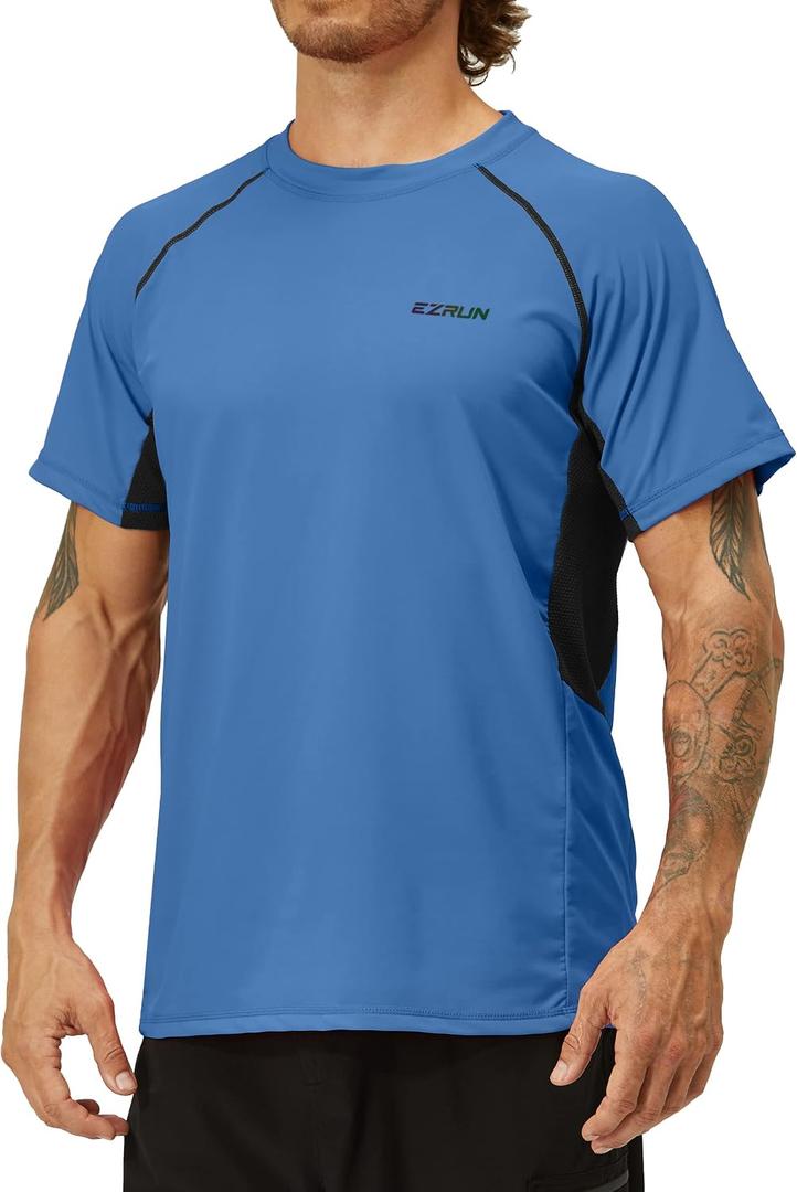 EZRUN Men's UPF 50+ Swim Shirts Cooling Rash Guard for Fishing Surf Beach (Blue, XXXL)