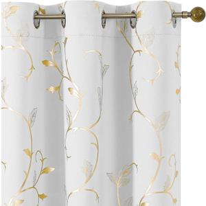 BUHUA Blackout Curtains Gold Foil Print Flower Vine Grommet Drapes, Room Darkening Thermal Insulated Curtains, Noise Reducing Blackout Curtain for Bedroom, Beige, 38Wx84L, 2 Panels