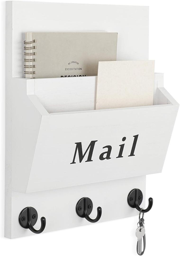 Mail and Key Holder - Decorative 8.86" x 11.42" Wall Key Hanger with 2 Mail Organizer Slots and 3 Hooks - Real Paulownia Wood with Keyhole Brackets, Hardware and Instructions (White)