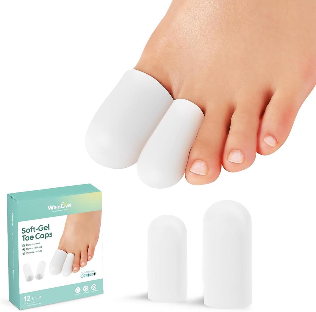 Welnove Gel Toe Cap and Protector - Silicone Toe Covers - Toe Cushions for Pain Relief, Missing or Ingrown Toenails, Corns, Calluses, Blisters (4 Large + 8 Medium, White) (Multi-Size)