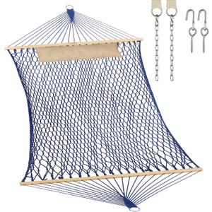 JoyView Traditional Rope Double Hammock - Hand Woven Cotton Hammock with Hardwood Spreader Bar and Pillow 450lb Capacity for Outdoor Indoor Patio Yard - Blue