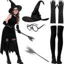 Mprocen 6Pcs Halloween Witch Costume for Women Wizard Hooded Cloak Hat Gloves Sock Glasses Broom Wicked Outfit Cosplay Party
