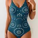 Aidonger Women's One Piece Swimsuit Tummy Control Petal Cutout Bathing Suit Modest Scalloped V Neck Swimwear Peacock Blue, L
