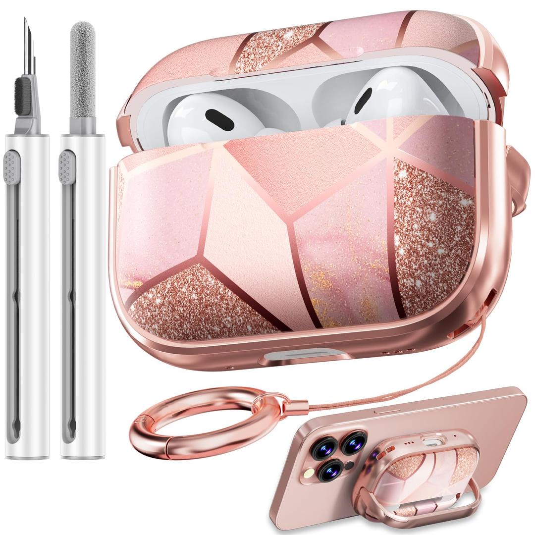Inesore for AirPods Pro 2nd Generation Case Cover with Lock, Flowers Cute Air Pods Pro 2 Case Hard iPod Pro Cases for Women Girls with Cleaner Kit (2023 USB-C /2022/2019) -Pink Gold Marble