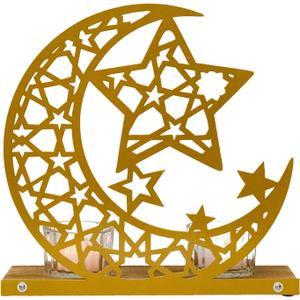 Gold Ramadan Decorations for Home, Star and Crescent Moon Silhouette Tealight Candle Holder with 2 Glass Votives, Wooden Tray Eid Mubarak Table Decor Centerpiece, Islamic Ramadan Kareem Gifts