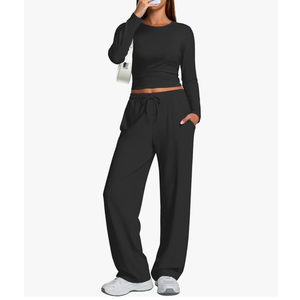 Trendy Queen Women's 2 Piece Matching Lounge Set Long Sleeve Side Ruching Top Wide Leg Drawstring Pants Set with Pockets XL