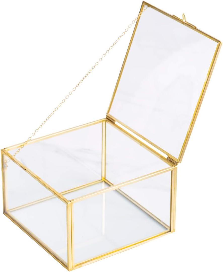 Golden Square Vintage Brass & Clear Glass Decorative Box Home Decor, Small Jewelry Case Box Organizer with Latching Lid, 5x5x3in