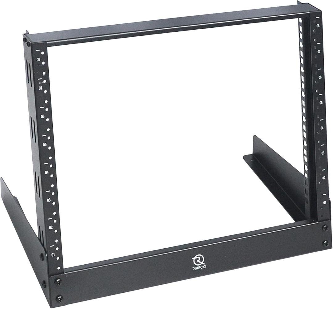 RIVECO 8u Tabletop Rack for Audio & Network, Desktop Rack Shelf Tappered Holes Open Frame Sound Recording Shelf Free Standing 2 Post Black