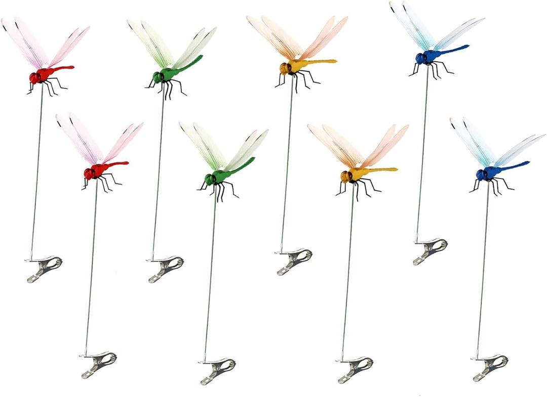 PWireless 8 PCS Colorful Dragonfly Clips 3D Simulation Dragonfly Pole for Outdoor Indoor Fake Plastics Dragonfly for Garden Stakes Yard Patio Ornaments with Clip for Hat Clothes, Fly Scare Devices