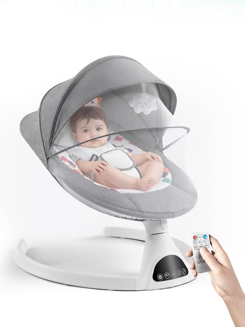 Baby Swing for Infants - Electric Portable Bluetooth Baby Rocker with 5 Speeds, 5-Point Harness, Remote Control, Timing & Music Speaker Max 20 Lbs (Gray)